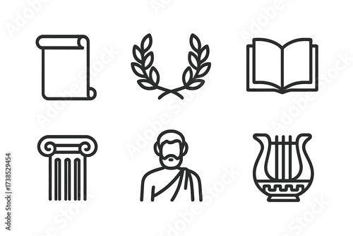 Greek Education Icons. Outline icon set of Greek education and philosophy: scroll, laurel wreath, owl, book, column, teacher, amphora, lyre. Line icons in only