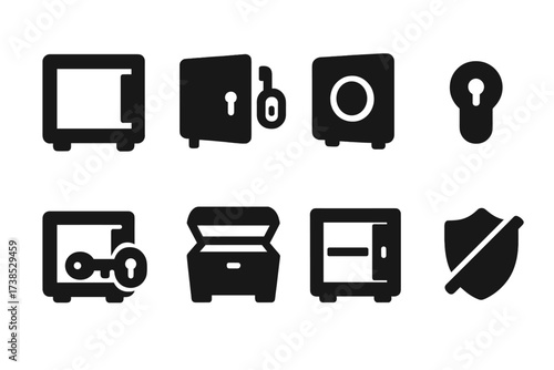 Open Safe Icons. Solid, filled icon set of open safe symbols: empty safe, unlocked door, open hatch, bare lock, key access, open chest, empty shelf, security