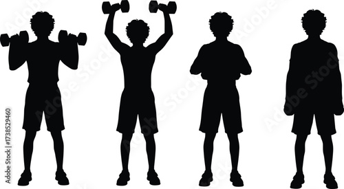 Silhouette fitness poses with dumbbells, workout exercise vector illustration showing weightlifting, overhead press, standing posture, gym training, healthy lifestyle design