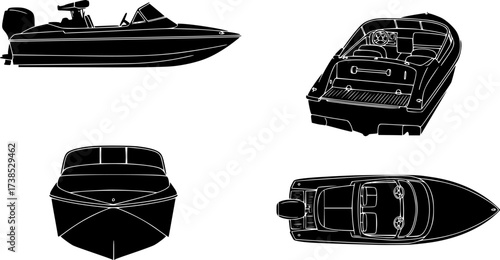 jet boat silhouette icons set side, front, back, and top views vector art illustration
