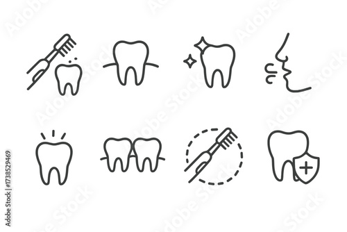 Oral Care Icon Set. Outline icon set of electric toothbrush oral care benefits: plaque removal, gum health, whitening, fresh breath, sensitive teeth care,