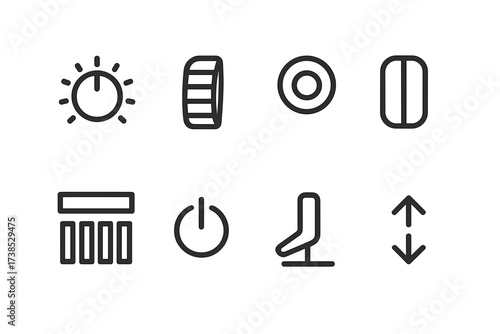 Synthesizer Control Icons. Outline icon set of synthesizer controls: volume knob, modulation wheel, arpeggiator button, pitch bend wheel, preset selector,