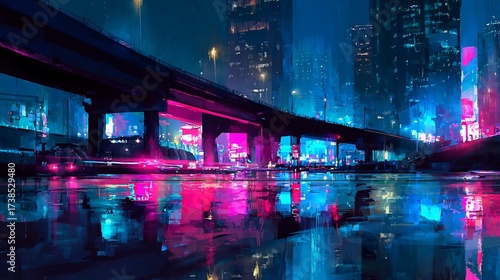 Neon-lit cityscape reflecting in a pool, under a highway bridge at night