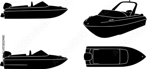 jet boat silhouette icons set side, front, back, and top views vector art illustration
