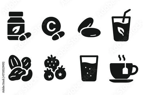 Rejuvenation Diet Icons. Solid, filled icon set of rejuvenation diet and supplements: antioxidant pills, vitamin C, omega- capsules, green smoothie, nuts,