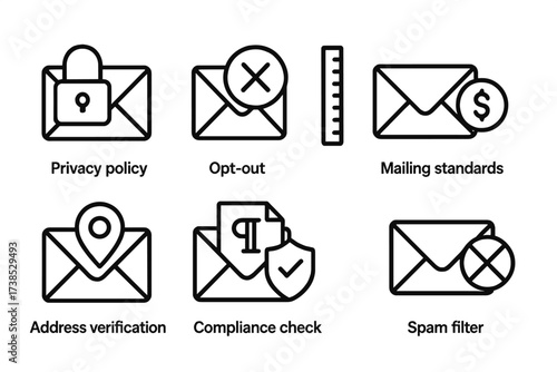 Mail Regulations Icons. Outline icon set of direct mail regulations: privacy policy, opt-out option, mailing standards, postage rates, address verification,