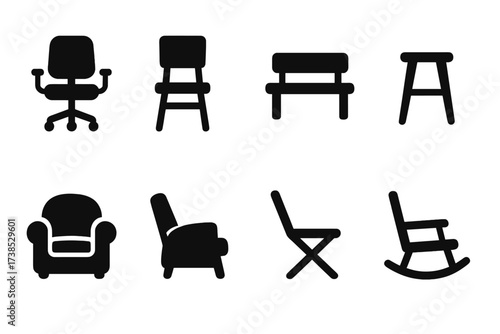 Chair Icon Grid. Solid, filled icon set of seat types: office chair, dining chair, bench, stool, armchair, recliner, folding chair, rocking chair. Solid,