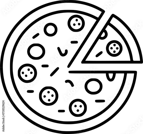 A simple black and white line drawing of a whole pizza with two slices removed, showing the remaining circular pie and the two separate slices.
