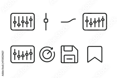 Equalizer Icon Set. Outline icon set of digital equalizer features: preset modes, custom settings, flat curve, bass boost, treble boost, midrange adjustment,