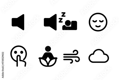 Quiet Icon Set. Solid, filled icon set of quiet and silence: mute speaker, crossed-out sound, sleeping person, calm face, silence sign, zen symbol, soft