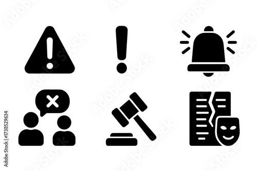 Risk Icons Grid. Solid, filled icon set of bid risks and challenges: warning sign, exclamation mark, broken chain, alarm bell, dispute, penalty, contract