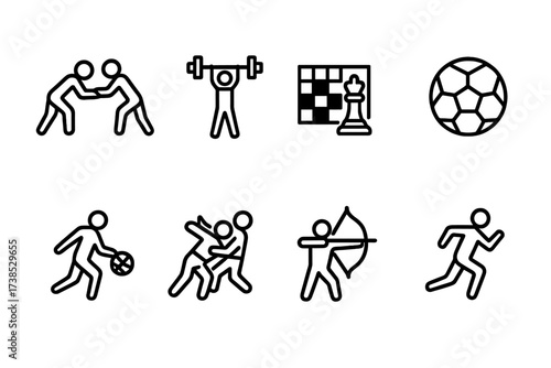 Armenian Sports Icons. Outline icon set of Armenian sports: wrestling, weightlifting, chess, football, basketball, judo, archery, running. Line icons in only
