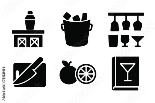 Bartender Tools Icons. Solid, filled icon set of shaker bar setup: bar counter, ice bucket, bottle rack, glassware shelf, cutting board, knife, citrus fruits,