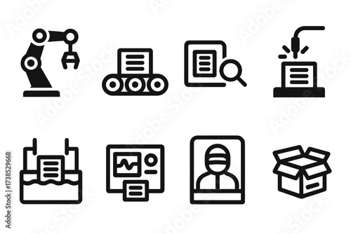 Fuel Cell Icon Set. Solid, filled icon set of fuel cell manufacturing: robotic arm, assembly line, quality control, welding machine, chemical bath, testing