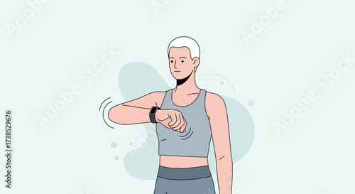 Vector illustration of an active individual checking their smartwatch, representing personal fitness, health tracking, and a modern, engaged lifestyle