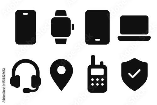 Escort Tech Icons. Solid, filled icon set of escort technology: smartphone, smartwatch, tablet, laptop, headset, GPS tracker, walkie-talkie, security app.