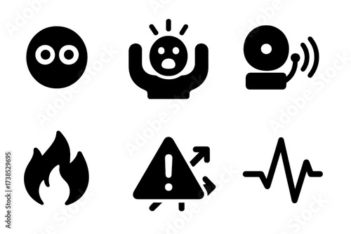 Panic Emotion Icons. Solid, filled icon set of panic emotions: wide eyes, screaming face, raised hands, alarm light, fire alarm, warning triangle, chaotic