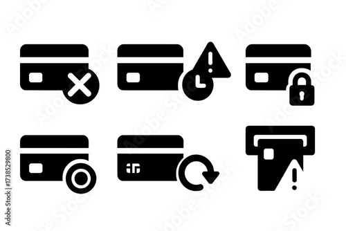 Debit Card Error Icons. Solid, filled icon set of debit card issues: declined card, card error, expired card, blocked card alert, no funds icon, chip