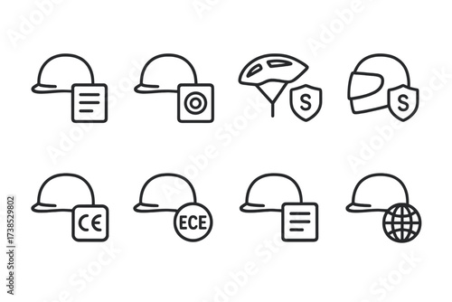 Helmet Safety Icons. Outline icon set of helmet safety certifications: ANSI, OSHA, EN , DOT, Snell, CE, ECE, ISO standards. Line icons in only black color,