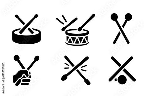 Drumsticks Icon Set. Solid, filled icon set of drumsticks drumming styles: rock sticks, jazz sticks, marching band sticks, orchestral mallets, electronic