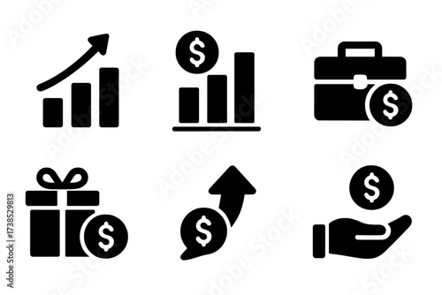 Capital Gain Icons. Solid, filled icon set of capital gain: stock increase, profit chart, dollar sign, investment portfolio, currency arrow, bonus payout,