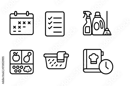 Mother's Household Icons. Outline icon set of mother?s household management: calendar planner, grocery list, cleaning supplies, budget sheet, meal prep,