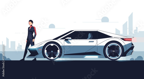 Sleek, futuristic sports car design with a stylish, confident driver posing against a minimalist urban skyline, symbolizing modern luxury and cutting-edge technology