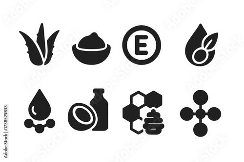 Cream Ingredient Icons. Solid, filled icon set of cream ingredients: aloe vera, shea butter, vitamin E, jojoba oil, hyaluronic acid, coconut oil, beeswax,