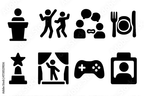 Event Activity Icons. Solid, filled icon set of event activities: speech, dance, networking, dining, award ceremony, performance, games, photo booth. Solid,