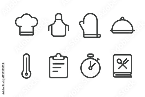 Field Kitchen Icons. Outline icon set of field kitchen personnel: chef hat, apron, cooking glove, serving tray, thermometer, clipboard, timer, recipe book.