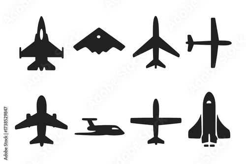 Aircraft Icon Set. Solid, filled icon set of pointed nose aircrafts: fighter jet, stealth bomber, supersonic jet, glider, commercial airplane, private jet,