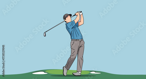 Golfer in action swinging a club on a golf course with a sand trap and green