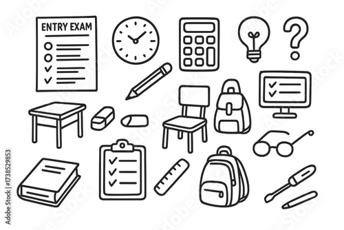 Examination and System Doodles. Hand-drawn doodle illustration entry exam test paper, pencil, clock, calculator, eraser, checklist, light bulb, question mark,