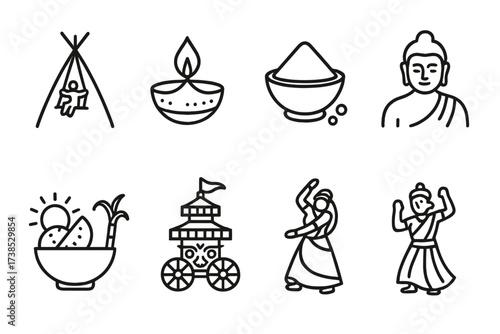 Nepal Festival Icons. Outline icon set of Nepalese festivals: Dashain, Tihar, Holi, Buddha Jayanti, Maghe Sankranti, Indra Jatra, Teej, Losar. Line icons in