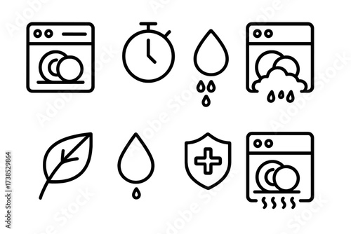 Dishwasher Cycles Icons. Outline icon set of dishwasher cycles: normal wash, quick wash, heavy wash, eco mode, rinse only, sanitize, delay start, drying. Line