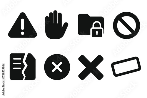 Refusal Alert Icons. Solid, filled icon set of refusal alert: warning sign, stop hand, locked folder, cancel circle, broken document, no entry symbol, error