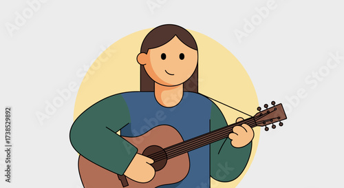 A charming flat design illustration of a person with long hair playing an acoustic guitar, representing music, hobbies, and creativity
