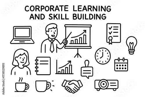 Corporate Training Doodles. Hand-drawn doodle illustration Corporate learning and skill building trainer, trainee, laptop, presentation board, checklist,