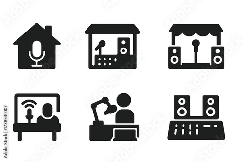 Recording Locations Icons. Solid, filled icon set of recording locations: home studio, professional studio, concert hall, outdoor stage, radio booth, podcast