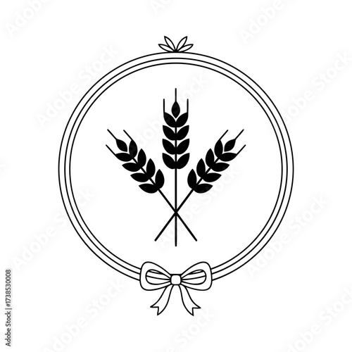Vector art of a circular emblem featuring three stalks of wheat tied with a ribbon, isolated on a