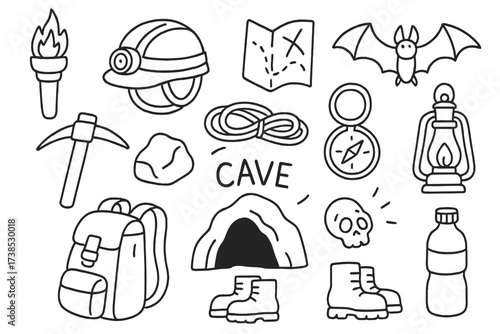 Cave Exploration Icons. Hand-drawn doodle illustration cave explore torch, helmet, map, bat, pickaxe, rock, rope, boots, backpack, cave entrance, compass,