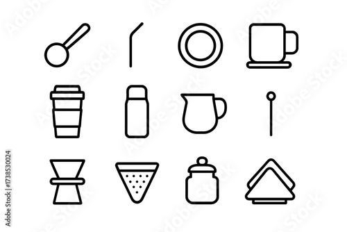Coffee Icons Grid. Coffee accessories. Line icon set of Coffee accessories: coffee scoop, reusable straw, coaster, mug warmer, travel mug, thermos, milk jug,