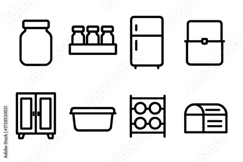 Kitchen Storage Icons. Outline icon set of kitchen storage: pantry jar, spice rack, refrigerator, freezer, cupboard, food container, wine rack, bread box. Line