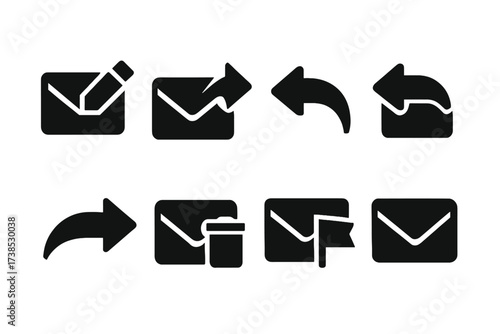 Email Icon Grid. Solid, filled icon set of email user interactions: compose mail, send mail, reply, reply all, forward, delete, flag, mark unread. [Line icons