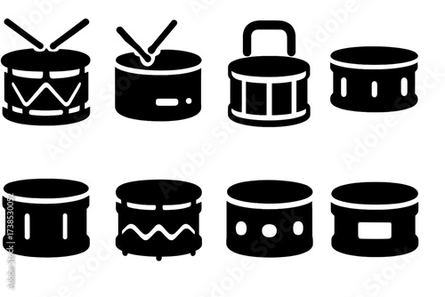 Snare Drum Icons. Solid, filled icon set of snare drum types: acoustic snare, electronic snare, marching snare, piccolo snare, concert snare, jazz snare, steel