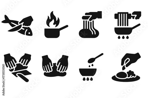 Culinary Skills Icons. Solid, filled icon set of culinary skills: filleting fish, flambe cooking, pasta making, sushi rolling, dough kneading, sauce reducing,