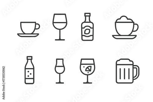 Italian Beverages Icons. Outline icon set of Italian beverages: espresso cup, red wine glass, limoncello bottle, cappuccino, sparkling water, grappa glass,