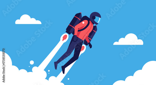 Dynamic illustration of a person soaring through the sky with a powerful jetpack, symbolizing innovation, ambition, and personal achievement against a clear blue backdrop