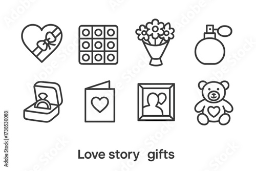 Love Story Icons. Outline icon set of love story gifts: heart-shaped box, chocolates, bouquet, perfume, jewelry box, love card, photo frame, teddy bear. Line