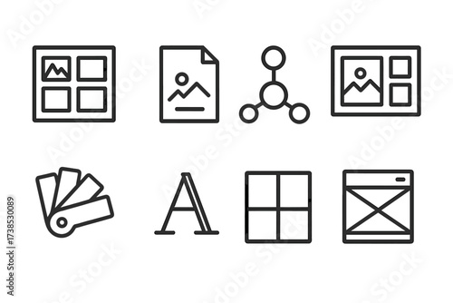 Creative Annotation Icons. Outline icon set of creative annotation: storyboard, sketch, mind map, mood board, color palette, font style, layout grid,